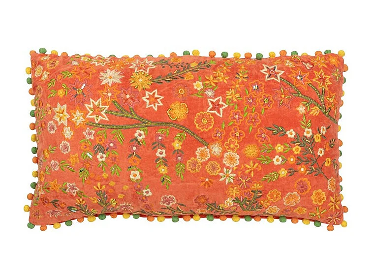 Cojín rectangular flores+pompones en terciopelo naranja 65x35x15 cm