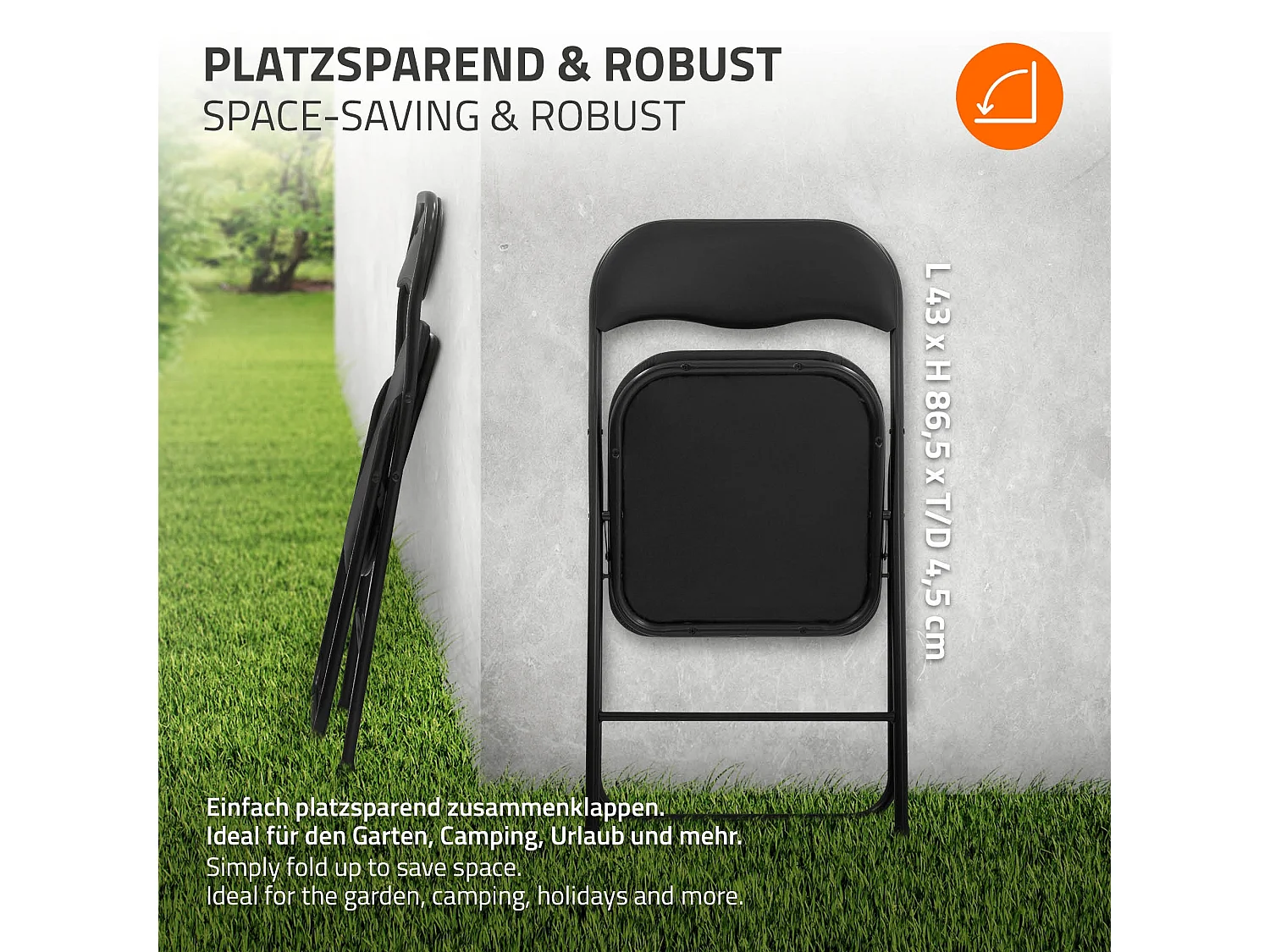 ECD Germany Set 4x sillas plegables de cuero sintético negro para exterior/interior, asiento de jardín o terraza con estructura de metal carga 110kg