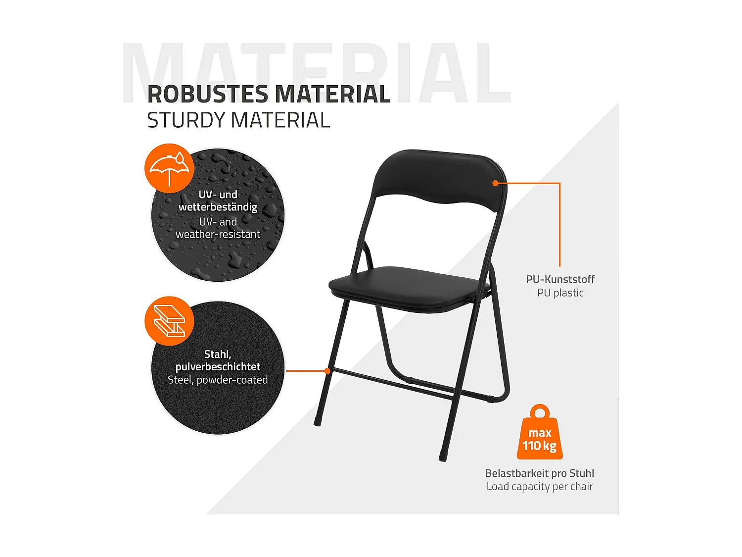 ECD Germany Set 4x sillas plegables de cuero sintético negro para exterior/interior, asiento de jardín o terraza con estructura de metal carga 110kg