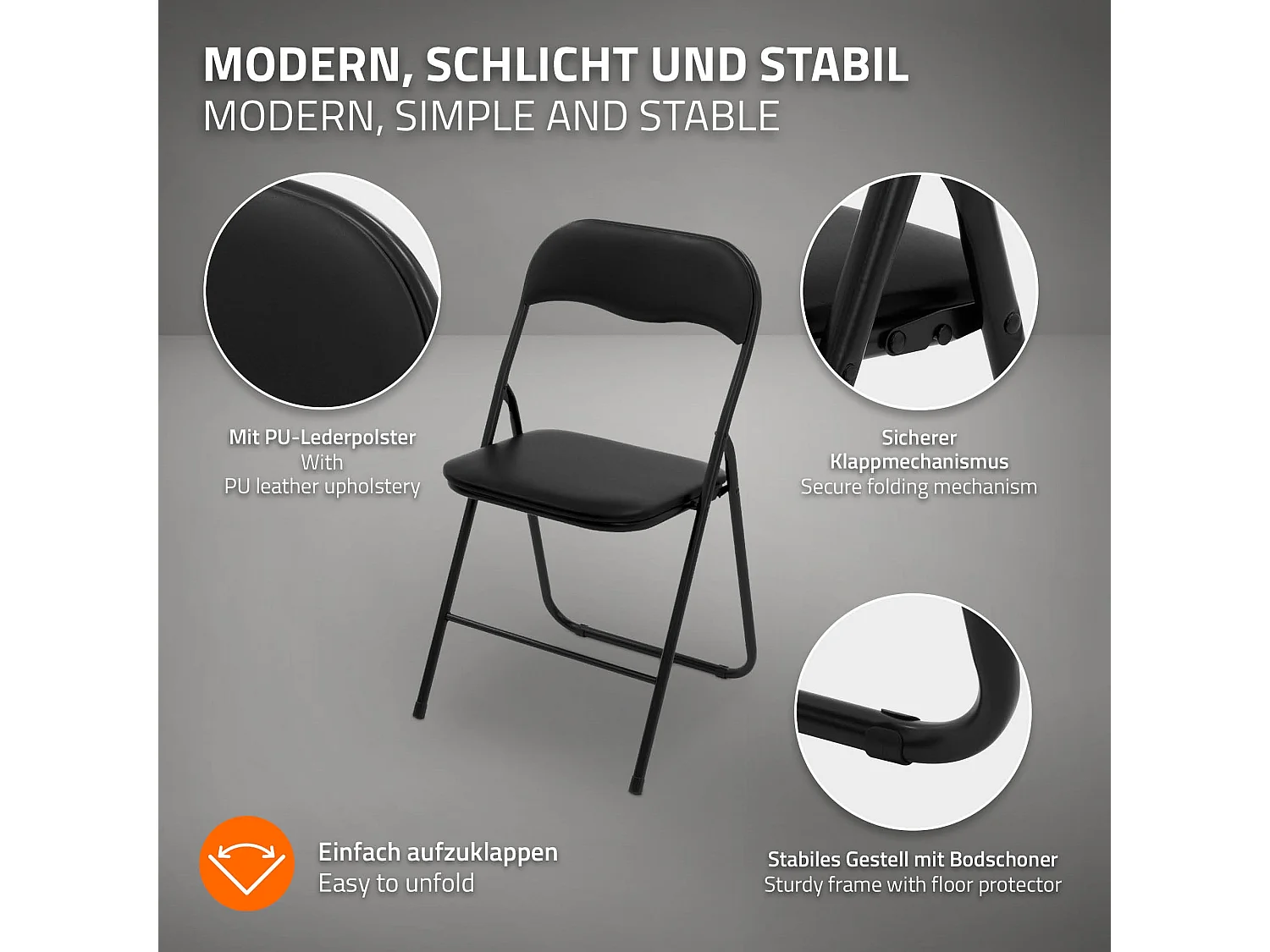 ECD Germany Set 4x sillas plegables de cuero sintético negro para exterior/interior, asiento de jardín o terraza con estructura de metal carga 110kg