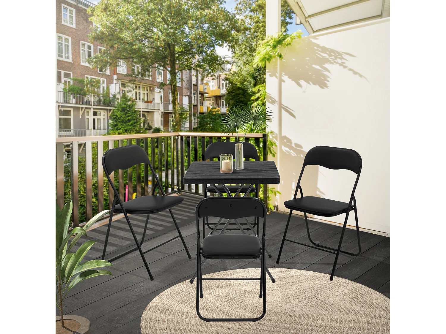 ECD Germany Set 4x sillas plegables de cuero sintético negro para exterior/interior, asiento de jardín o terraza con estructura de metal carga 110kg