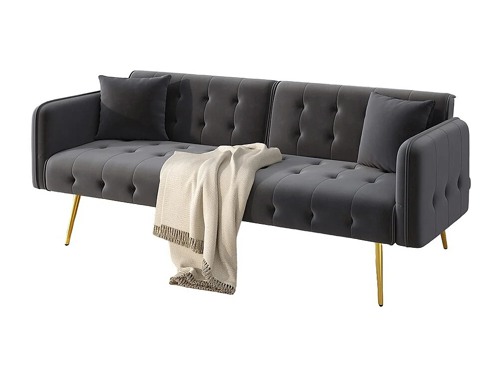 Canapé gris convertible deux places lit dossier réglable accoudoirs positions multiples pliant velours espace couchage généreux