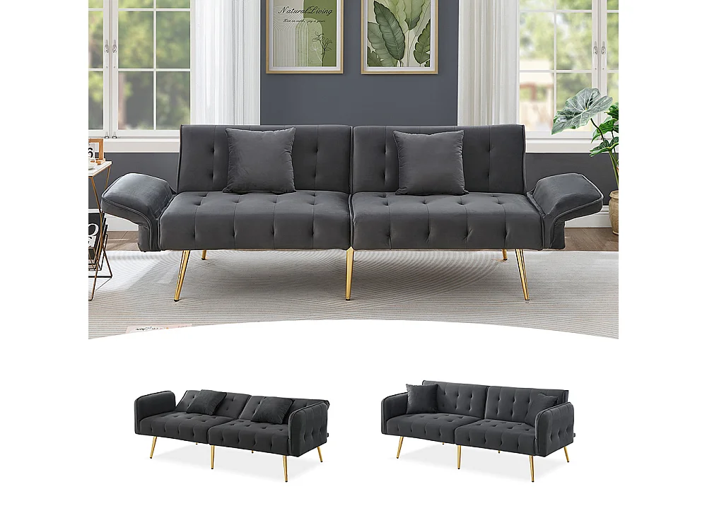 Canapé gris convertible deux places lit dossier réglable accoudoirs positions multiples pliant velours espace couchage généreux