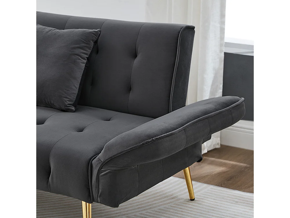 Canapé gris convertible deux places lit dossier réglable accoudoirs positions multiples pliant velours espace couchage généreux