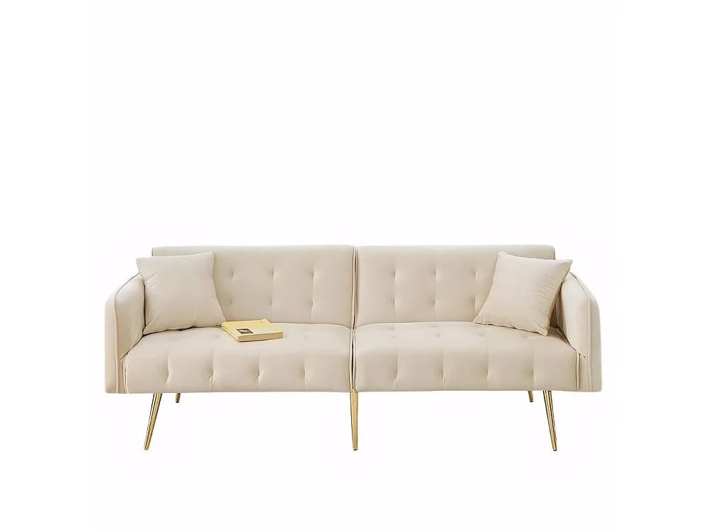 Canapé beige convertible deux places lit dossier réglable accoudoirs positions multiples pliant velours espace couchage généreux