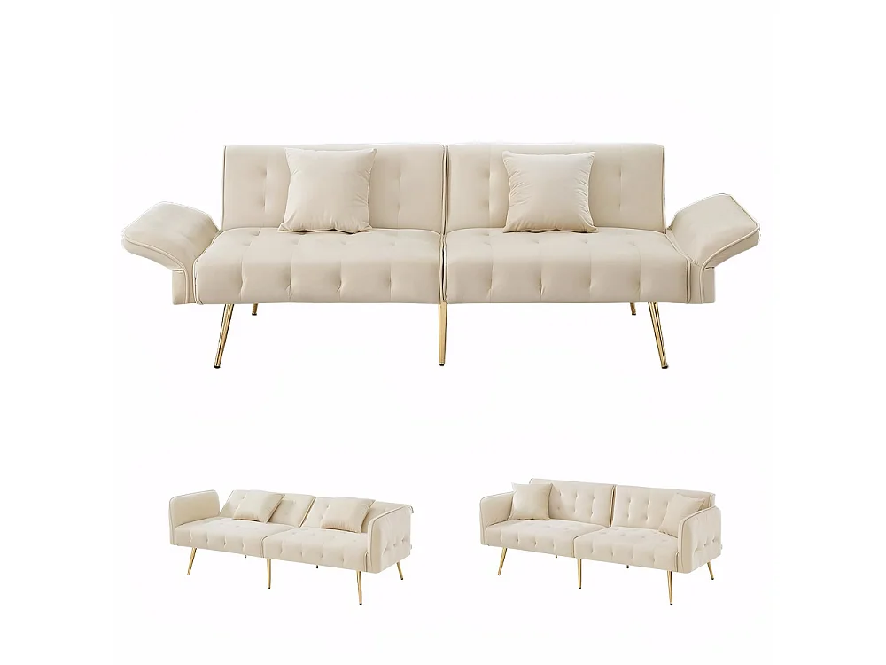 Canapé beige convertible deux places lit dossier réglable accoudoirs positions multiples pliant velours espace couchage généreux