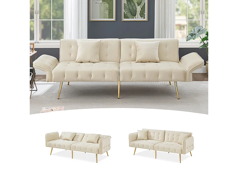 Canapé beige convertible deux places lit dossier réglable accoudoirs positions multiples pliant velours espace couchage généreux