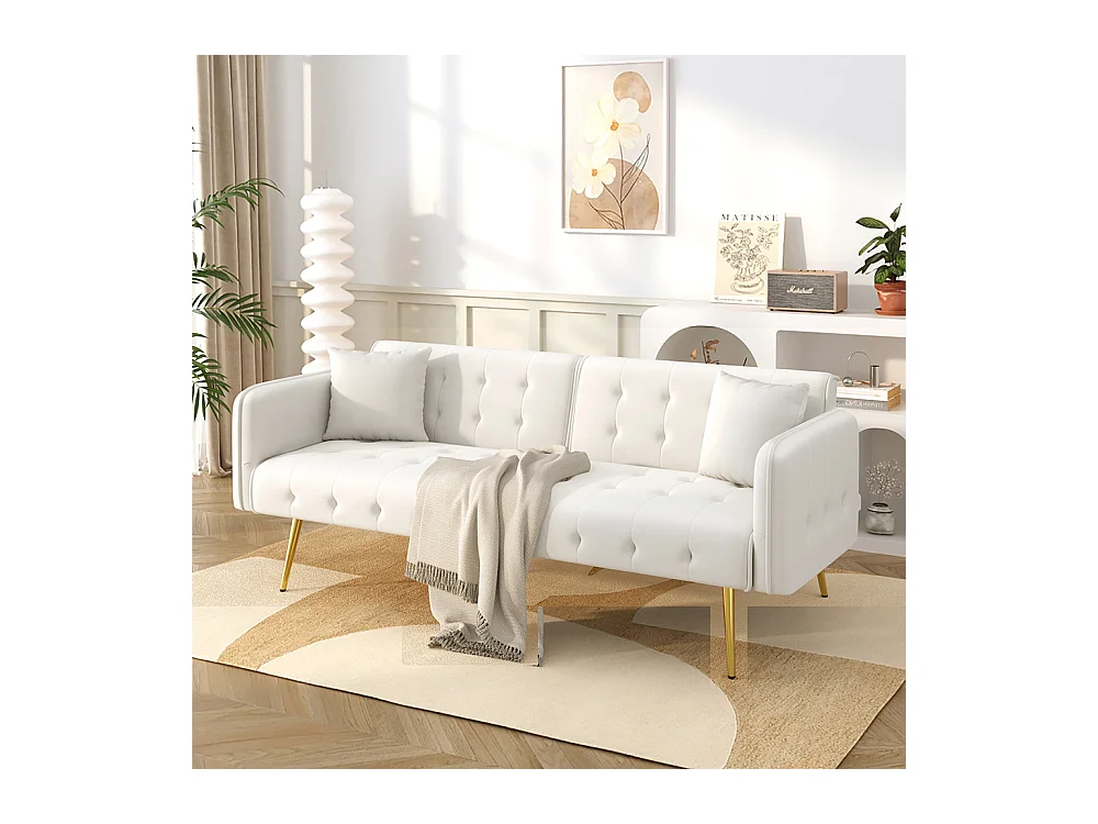 Canapé blanc convertible deux places lit dossier réglable accoudoirs positions multiples pliant velours espace couchage généreux