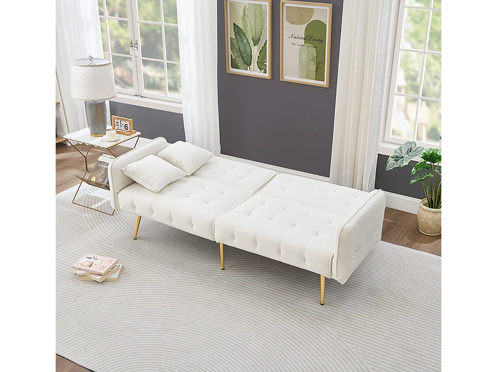 Canapé blanc convertible deux places lit dossier réglable accoudoirs positions multiples pliant velours espace couchage généreux