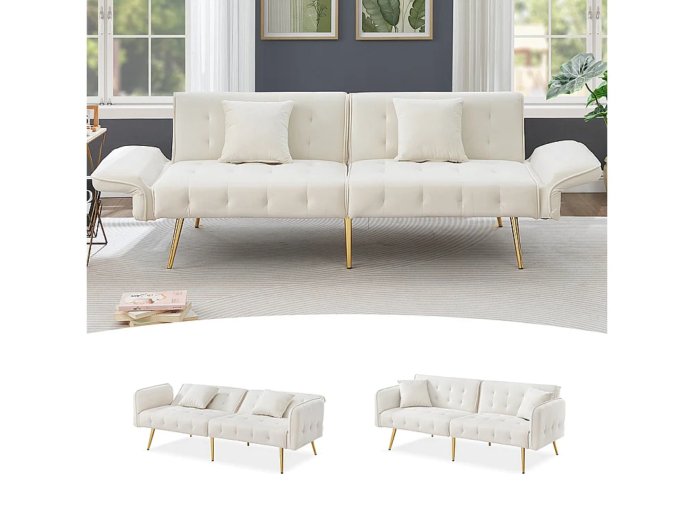 Canapé blanc convertible deux places lit dossier réglable accoudoirs positions multiples pliant velours espace couchage généreux