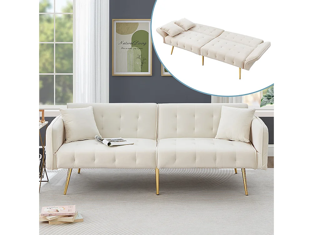 Canapé blanc convertible deux places lit dossier réglable accoudoirs positions multiples pliant velours espace couchage généreux