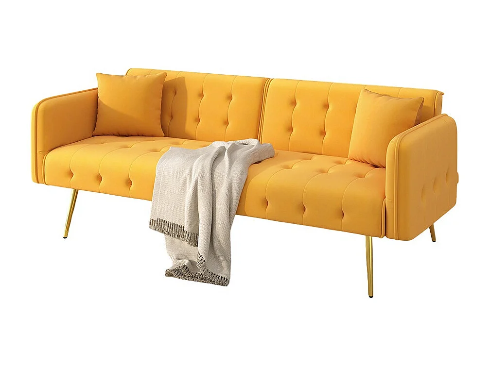 Canapé jaune convertible deux places lit dossier réglable accoudoirs positions multiples pliant velours espace couchage généreux