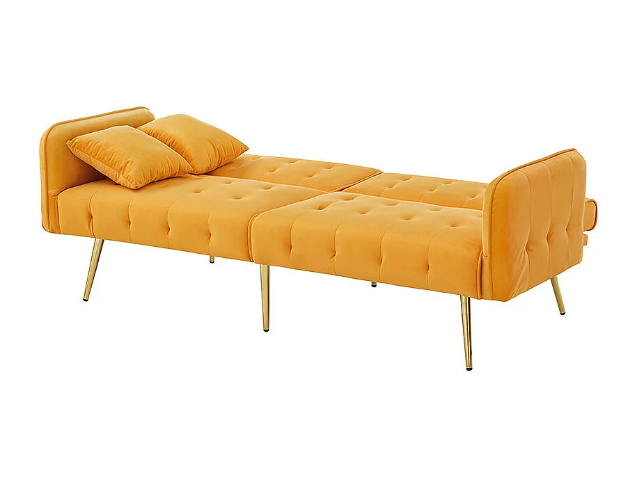 Canapé jaune convertible deux places lit dossier réglable accoudoirs positions multiples pliant velours espace couchage généreux