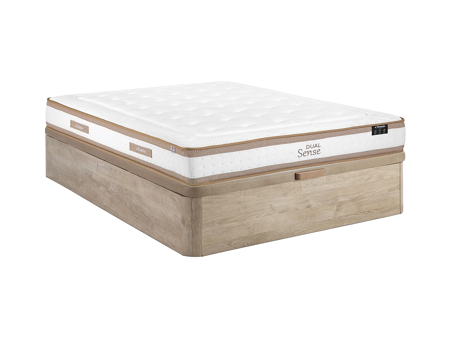 Set 140 x 190 cm con letto contenitore in tessuto naturale chiaro + materasso ibrido a molle insacchettate 7 zone e memory foam, spessore 28 cm – MEYANI di YSMÉE