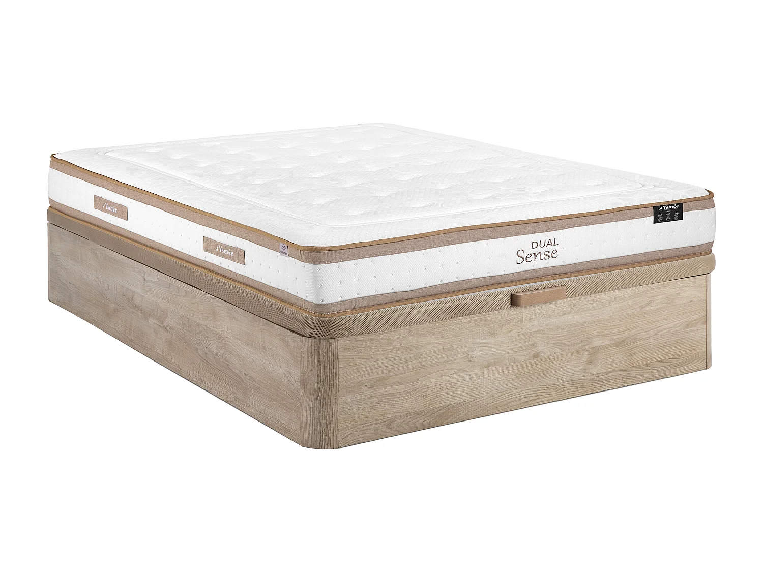 Set 140 x 190 cm con letto contenitore in tessuto naturale chiaro + materasso ibrido a molle insacchettate 7 zone e memory foam, spessore 28 cm – MEYANI di YSMÉE