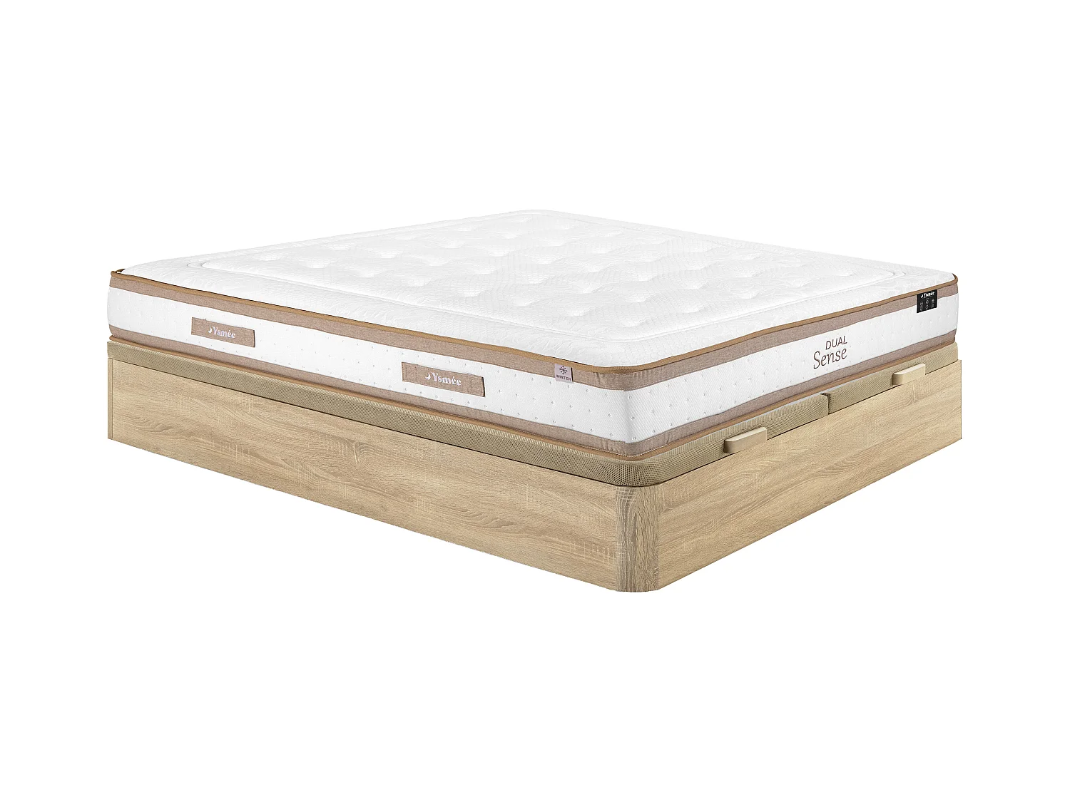 Ensemble 180 x 200 cm sommier coffre naturel clair + matelas hybride ressorts ensachés 7 zones et mousse à mémoire de forme ép.28cm - MEYANI de YSMÉE