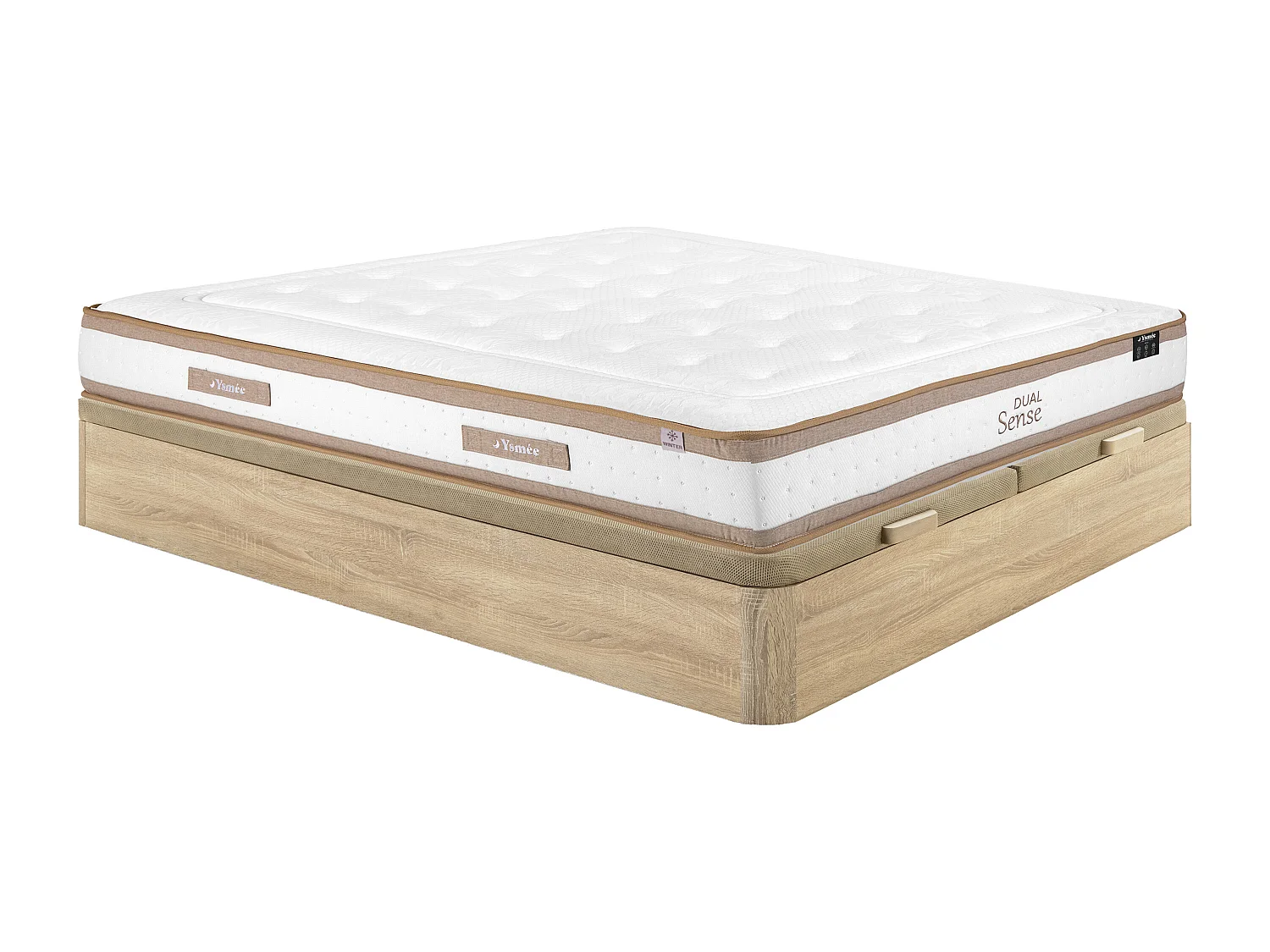 Ensemble 180 x 200 cm sommier coffre naturel clair + matelas hybride ressorts ensachés 7 zones et mousse à mémoire de forme ép.28cm - MEYANI de YSMÉE