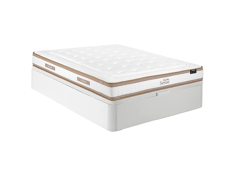 Bett mit Bettkasten - 140 x 190 cm - Weiß - Hybridmatratze 7-Zonen Taschenfederkern & Memoryschaum - Höhe 28 cm - MEYANI von YSMÉE