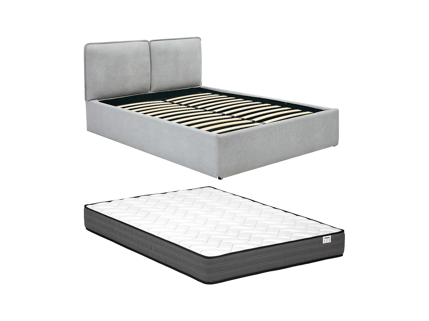 Bed met opbergruimte en afneembare hoes + Matras 160 x 200 cm - Stof - Lichtgrijs - TENESE