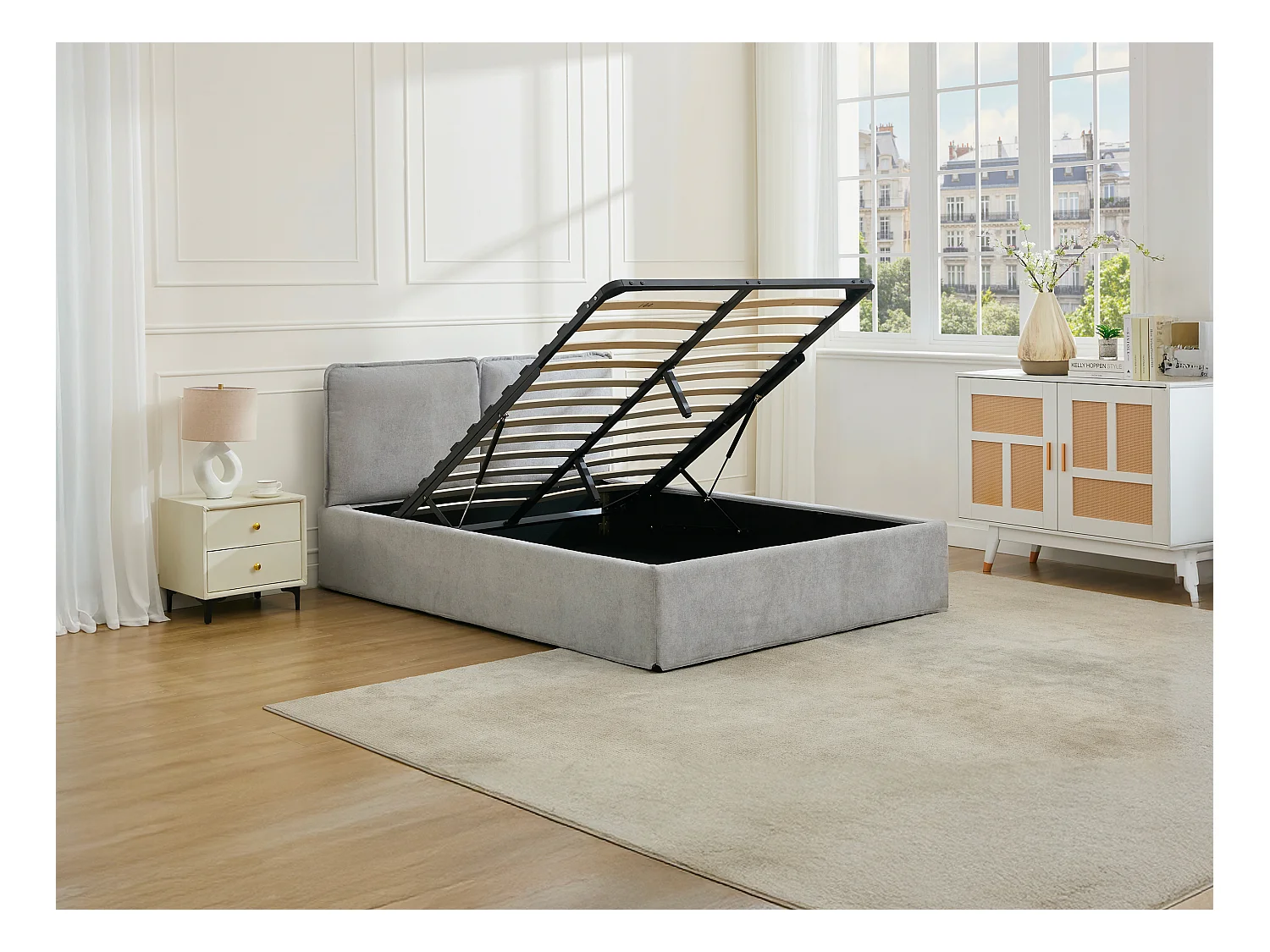 Bed met opbergruimte en afneembare hoes + Matras 160 x 200 cm - Stof - Lichtgrijs - TENESE