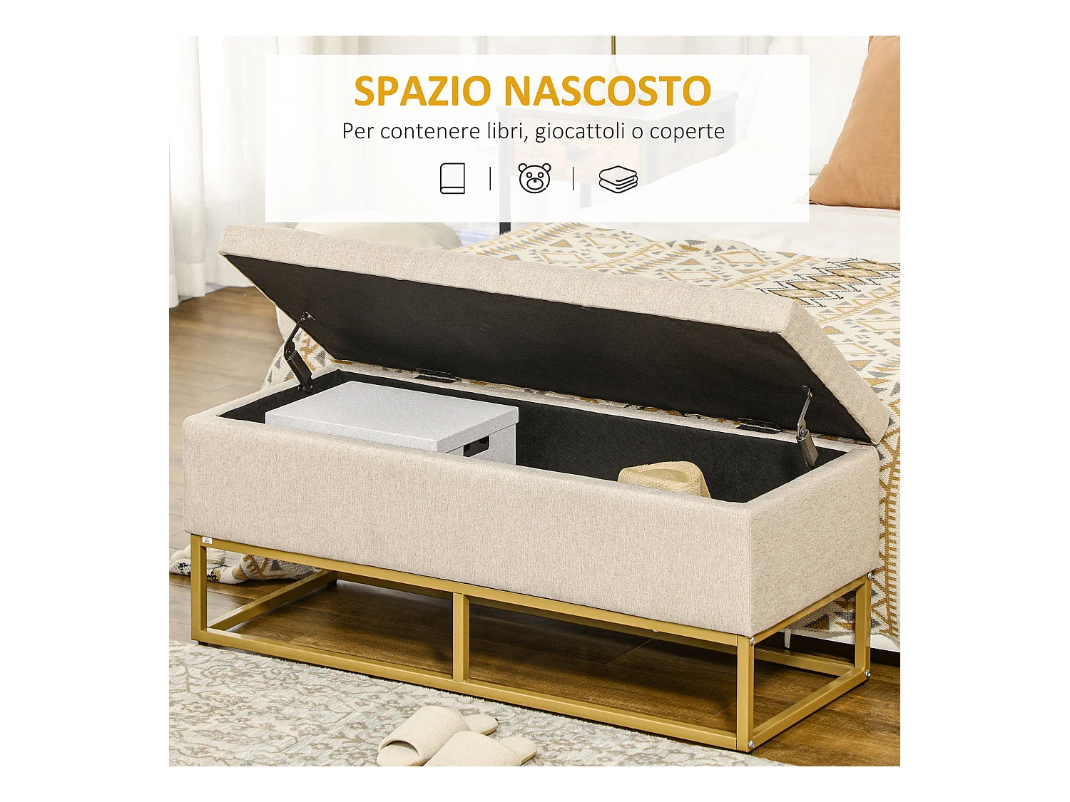 Panca con contenitore trapuntata 110x44x48cm beige