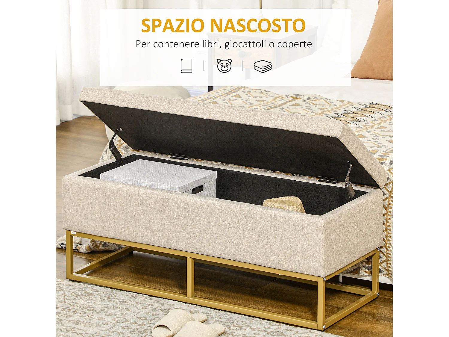 Panca con contenitore trapuntata 110x44x48cm beige