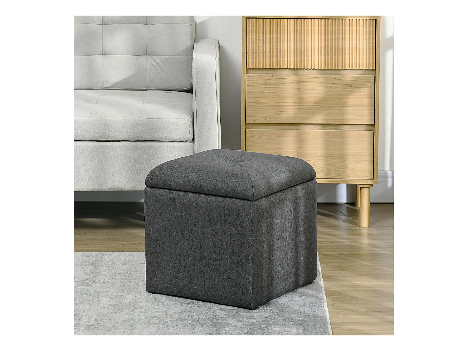 Pouf contenitore quadrato imbottito in tessuto teddy bianco grigio