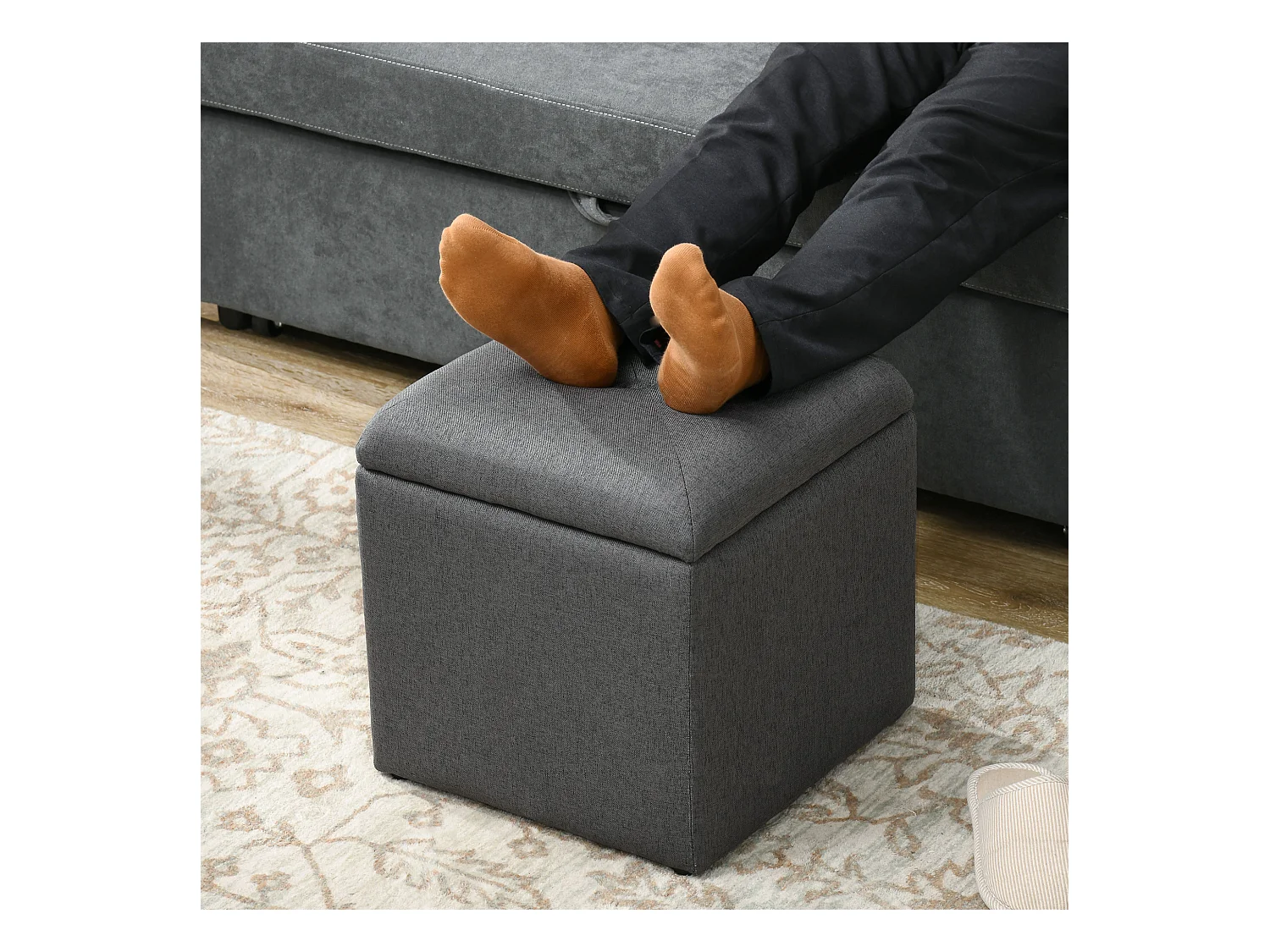 Pouf contenitore quadrato imbottito in tessuto teddy bianco grigio