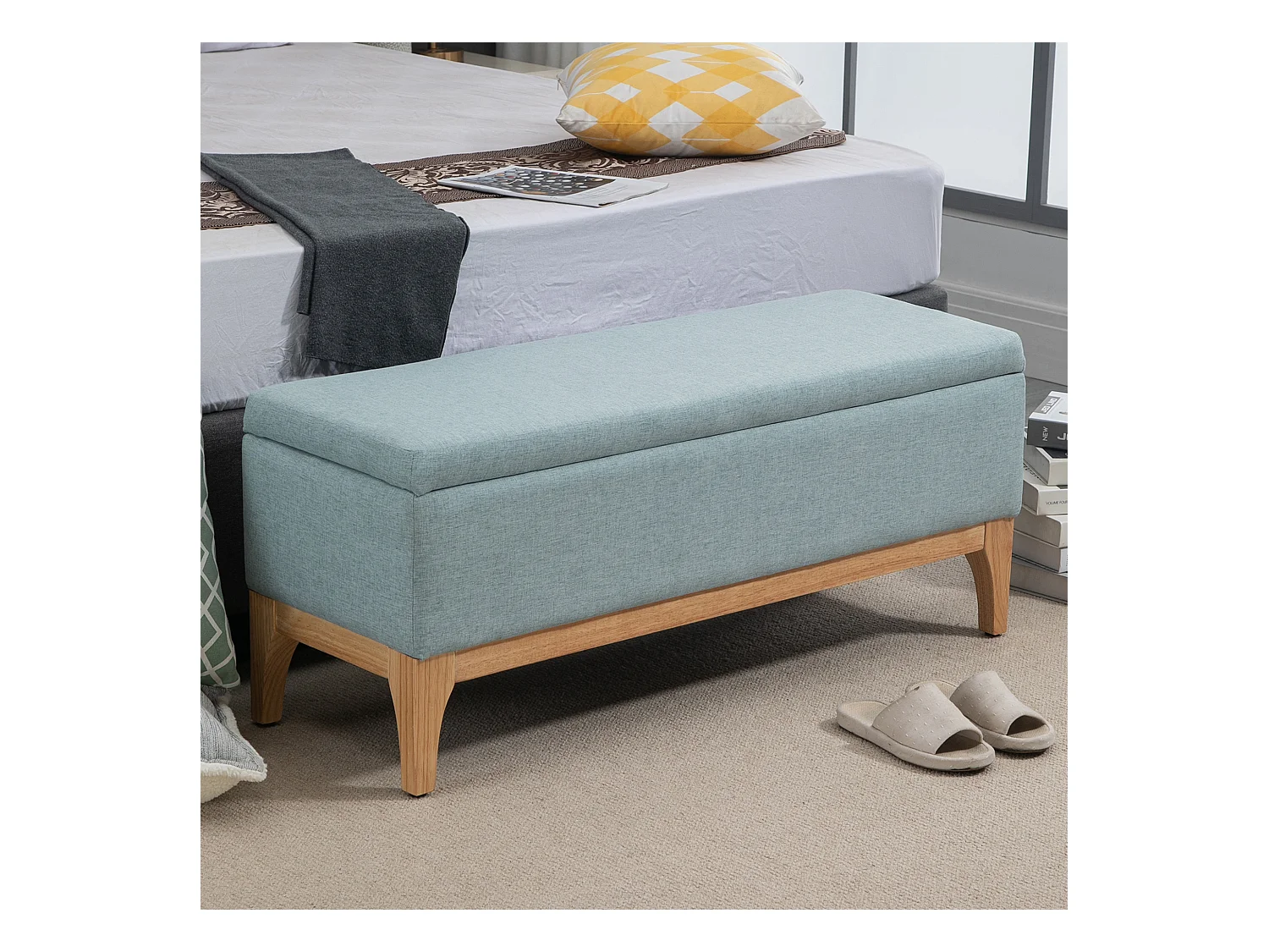 Panca imbottita contenitore in tessuto 110x39x45acm azzurro