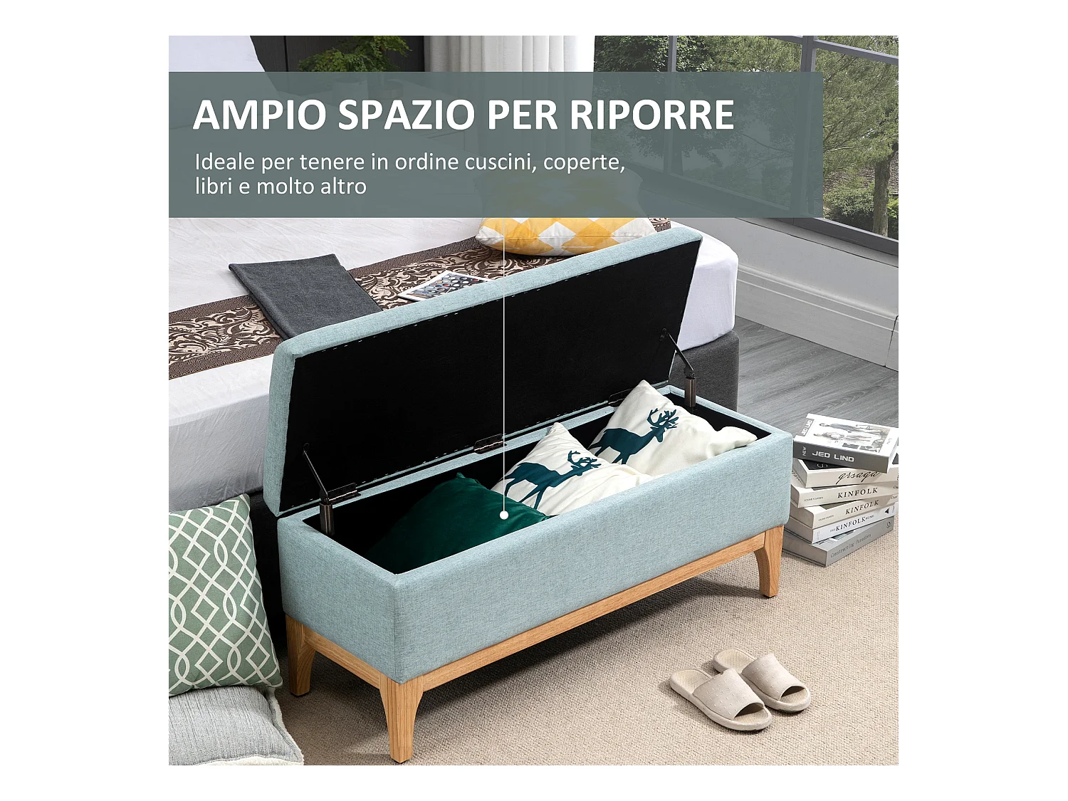 Panca imbottita contenitore in tessuto 110x39x45acm azzurro