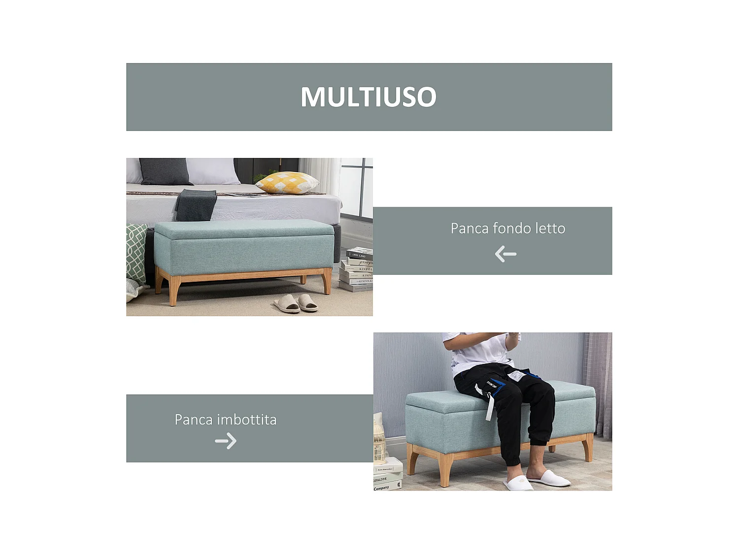 Panca imbottita contenitore in tessuto 110x39x45acm azzurro