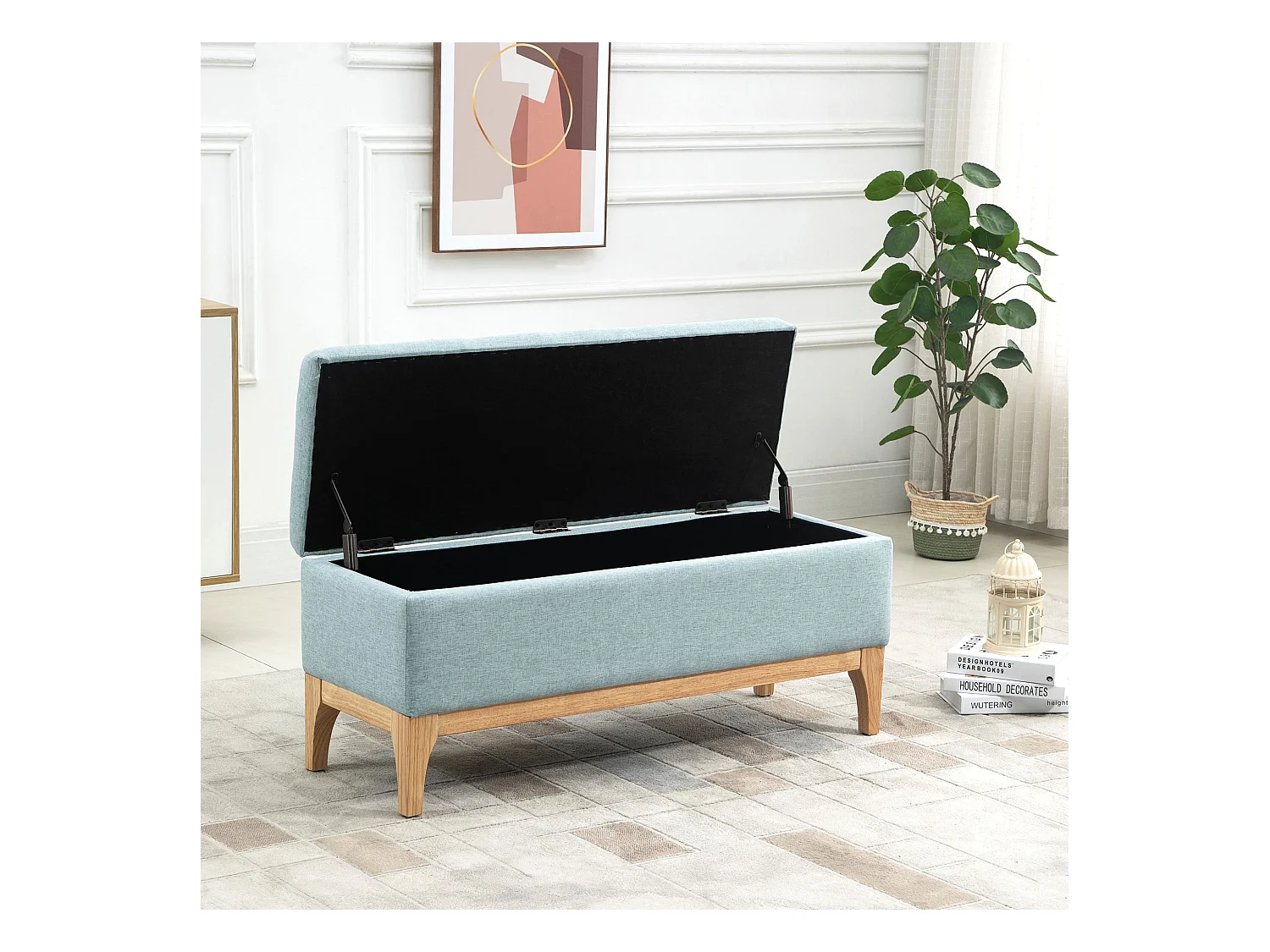 Panca imbottita contenitore in tessuto 110x39x45acm azzurro