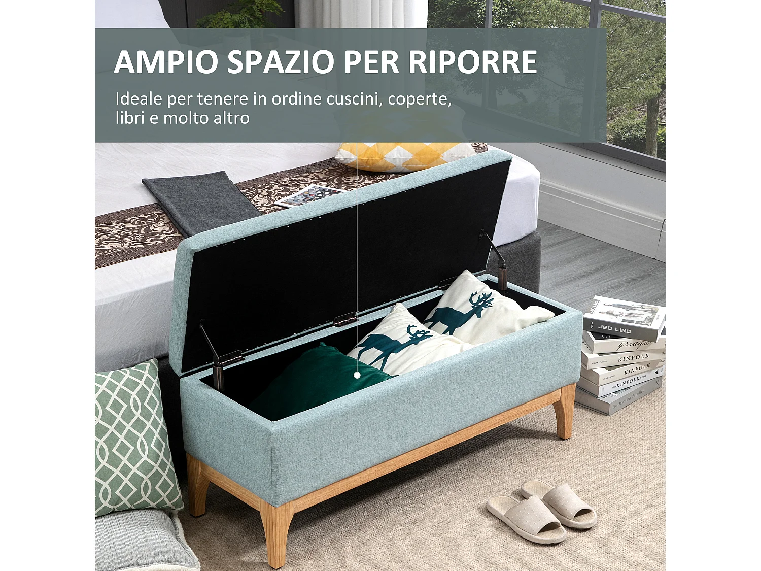 Panca imbottita contenitore in tessuto 110x39x45acm azzurro