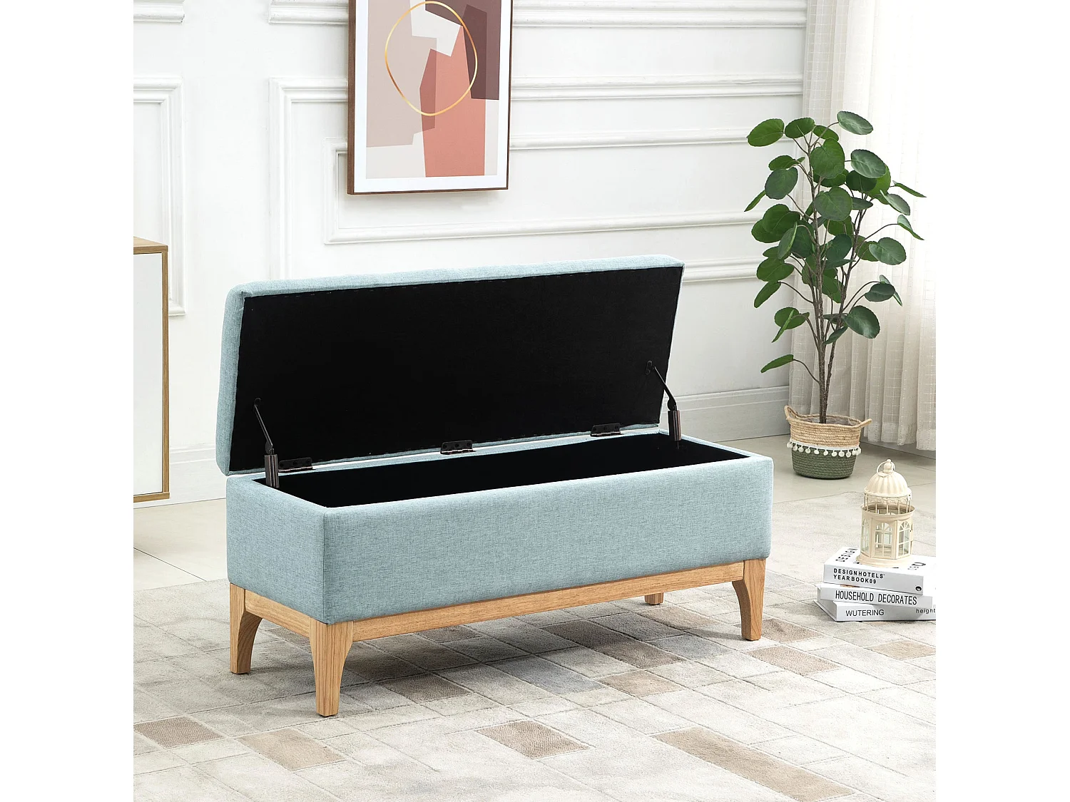 Panca imbottita contenitore in tessuto 110x39x45acm azzurro