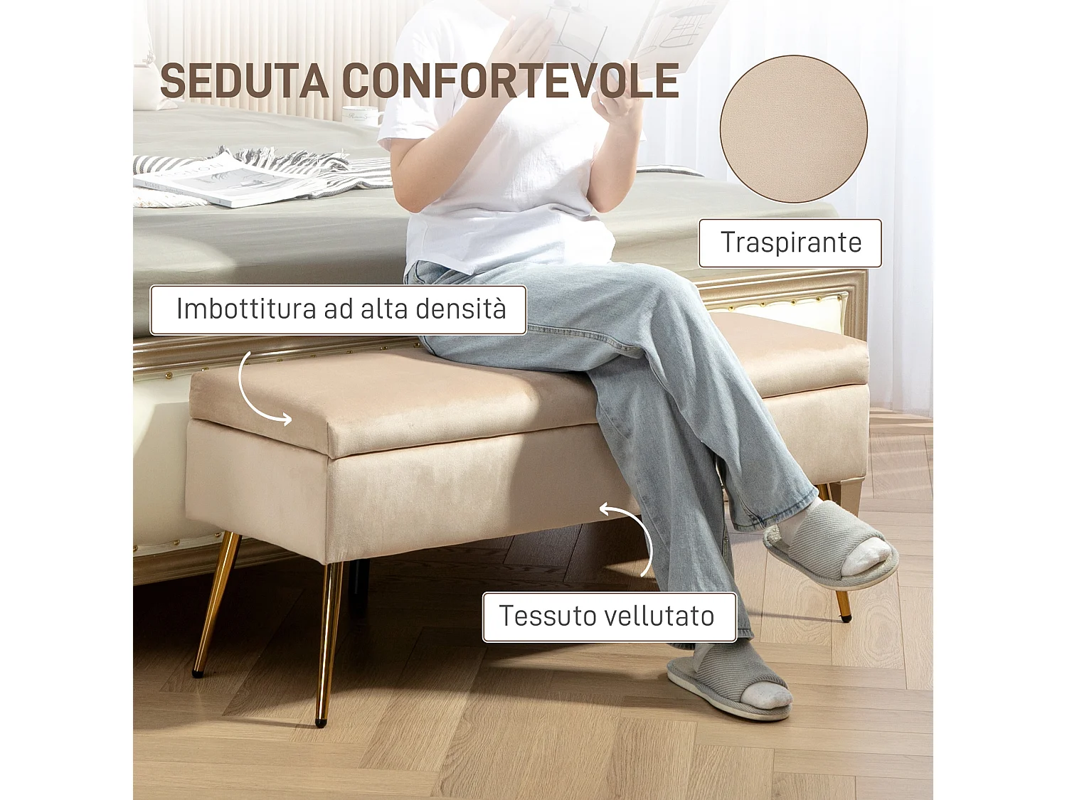 Panca Fondoletto imbottita da 30.5l in tessuto effetto velluto beige