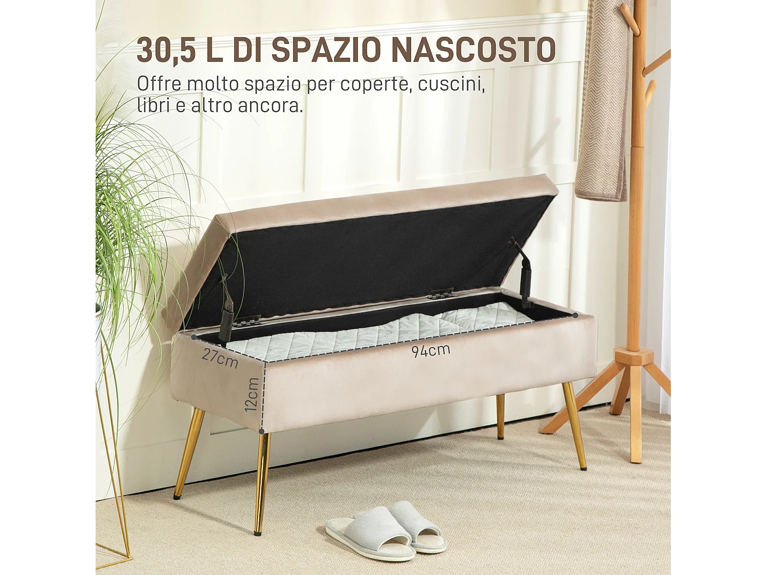 Panca Fondoletto imbottita da 30.5l in tessuto effetto velluto beige