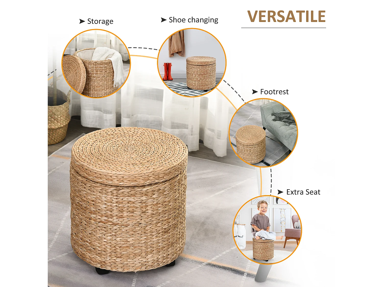 Pouf contenitore in stile boho con rivestimento naturale