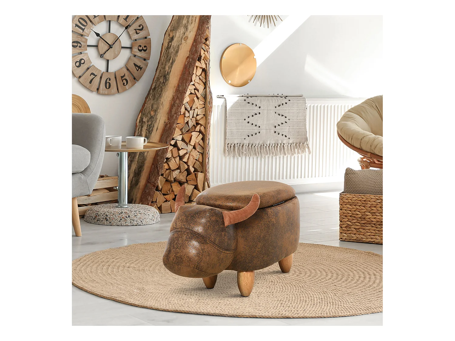 Pouf contenitore imbottito forma di bufalo 62x35x36cm marrone