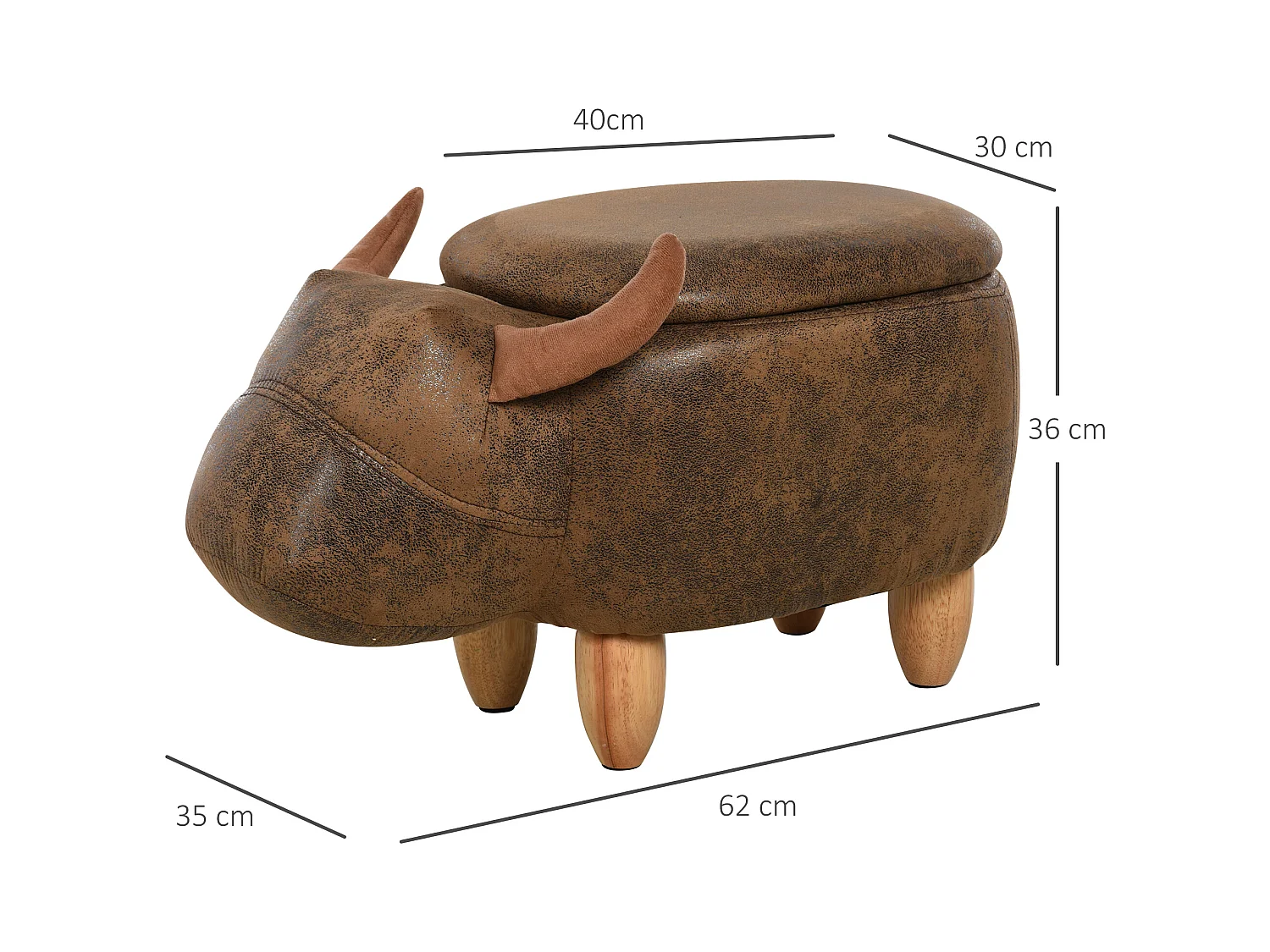 Pouf contenitore imbottito forma di bufalo 62x35x36cm marrone