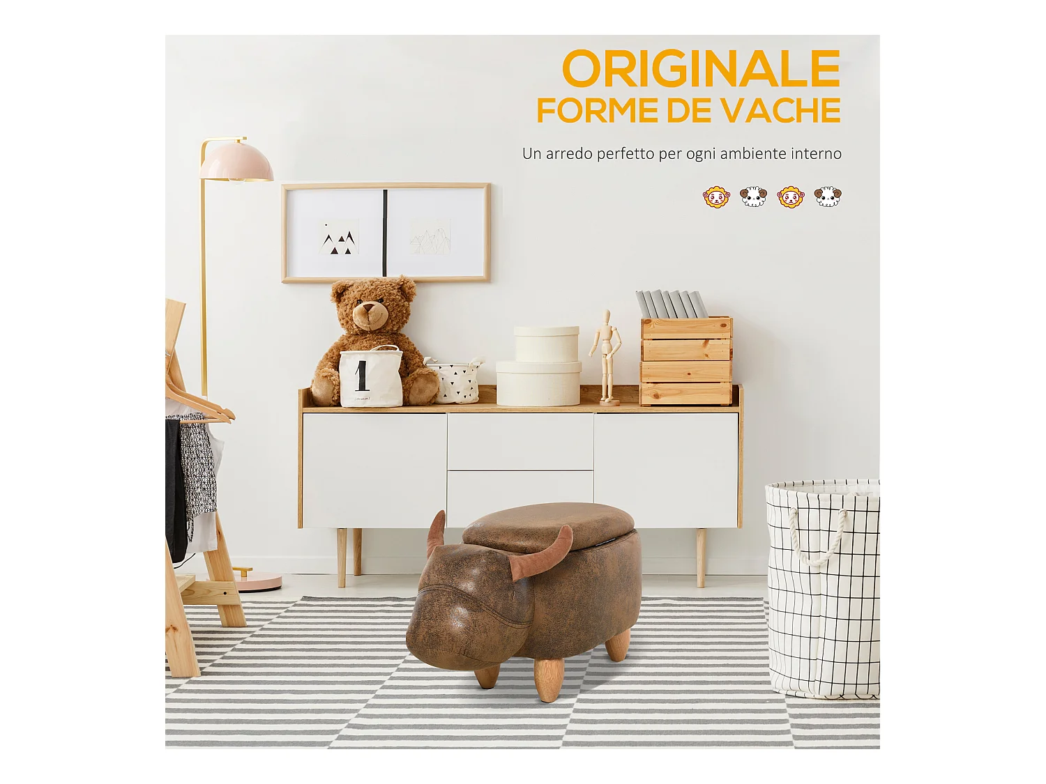 Pouf contenitore imbottito forma di bufalo 62x35x36cm marrone