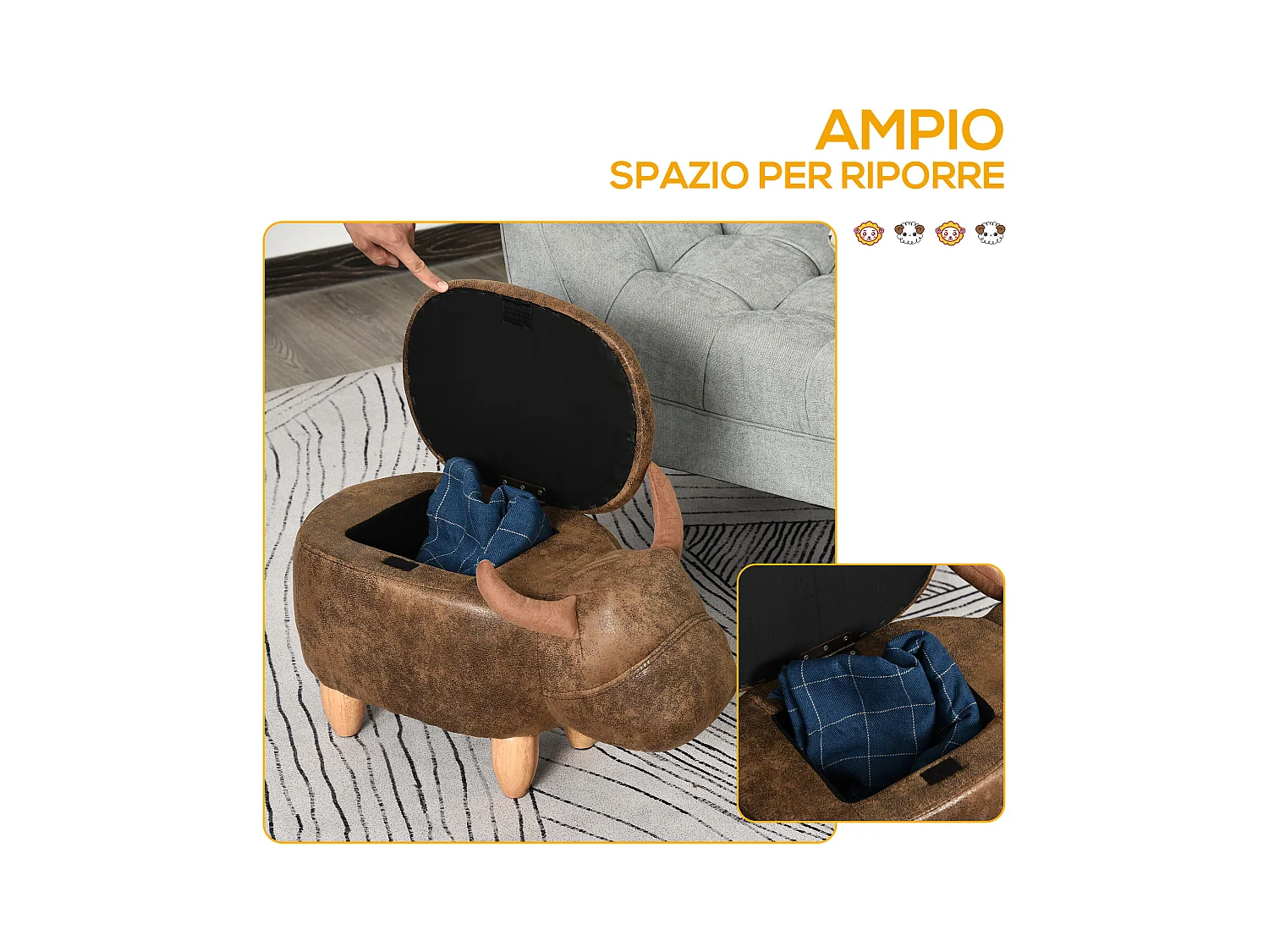 Pouf contenitore imbottito forma di bufalo 62x35x36cm marrone