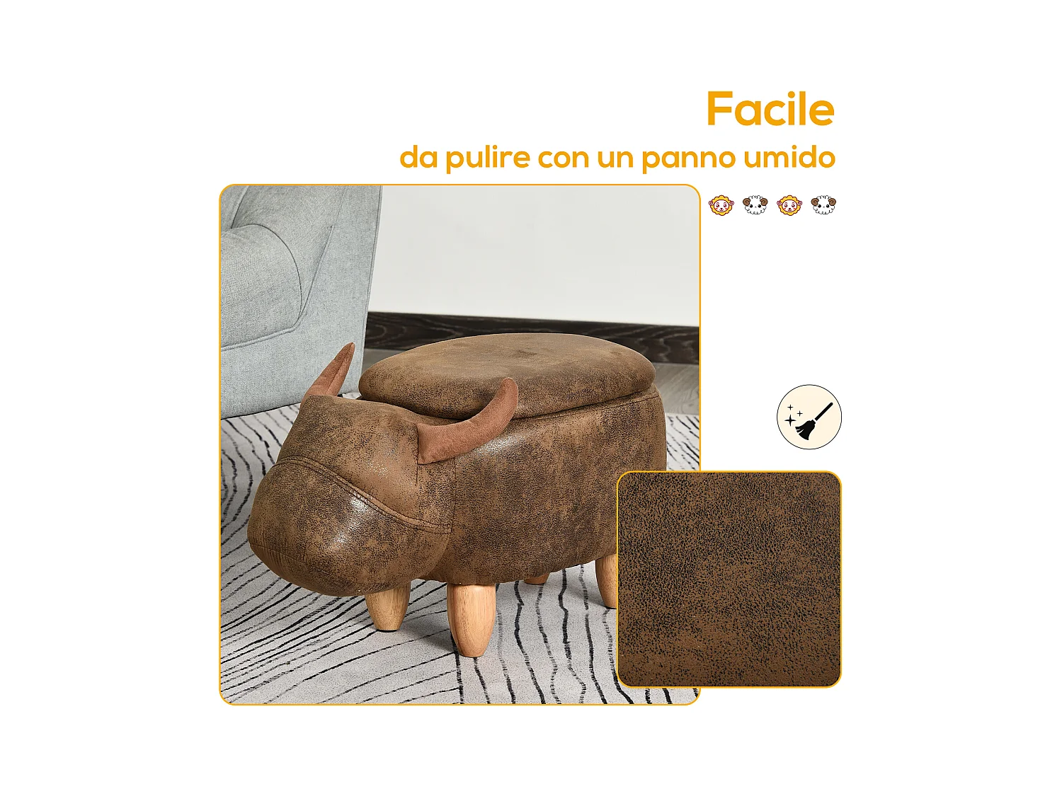 Pouf contenitore imbottito forma di bufalo 62x35x36cm marrone