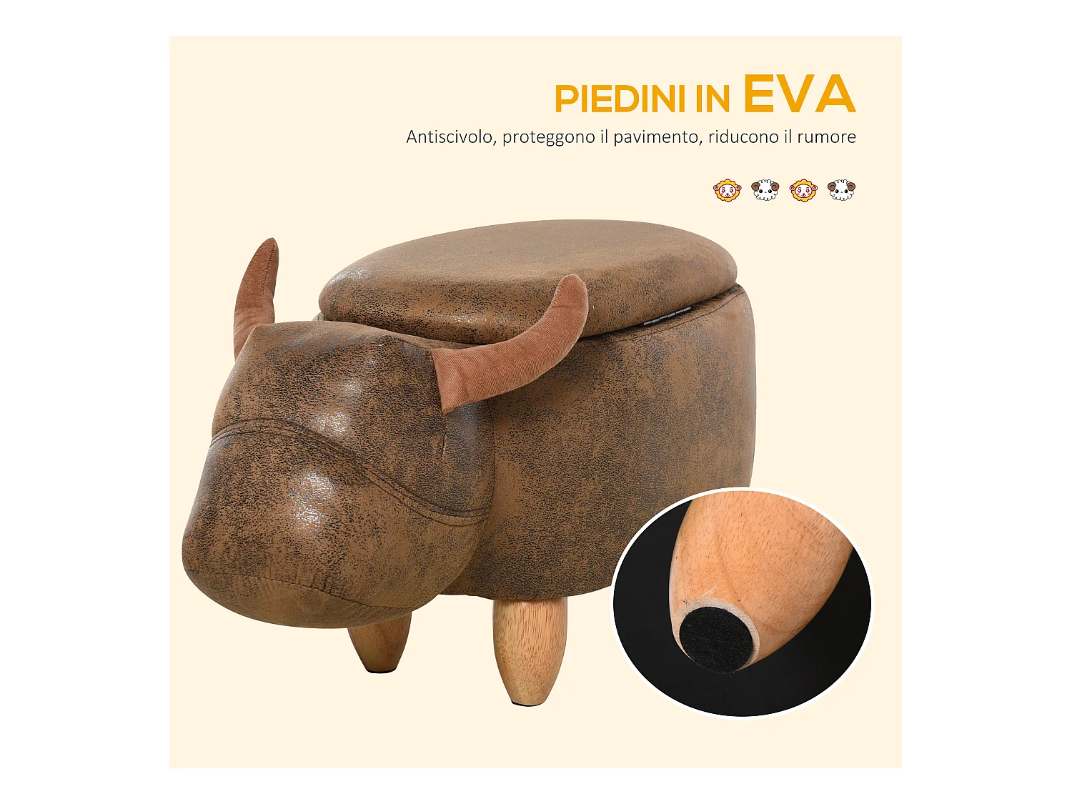 Pouf contenitore imbottito forma di bufalo 62x35x36cm marrone