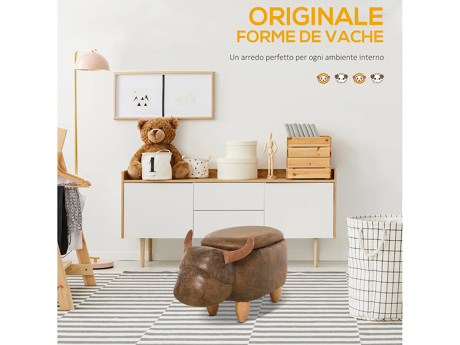 Pouf contenitore imbottito forma di bufalo 62x35x36cm marrone