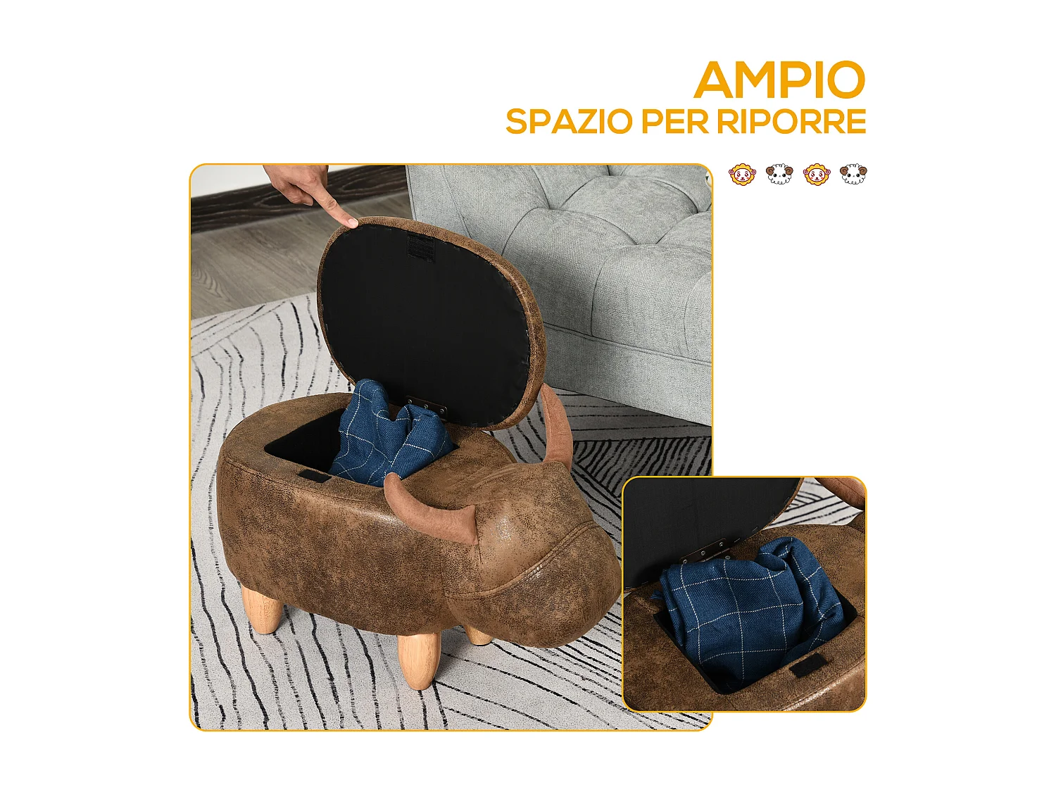 Pouf contenitore imbottito forma di bufalo 62x35x36cm marrone