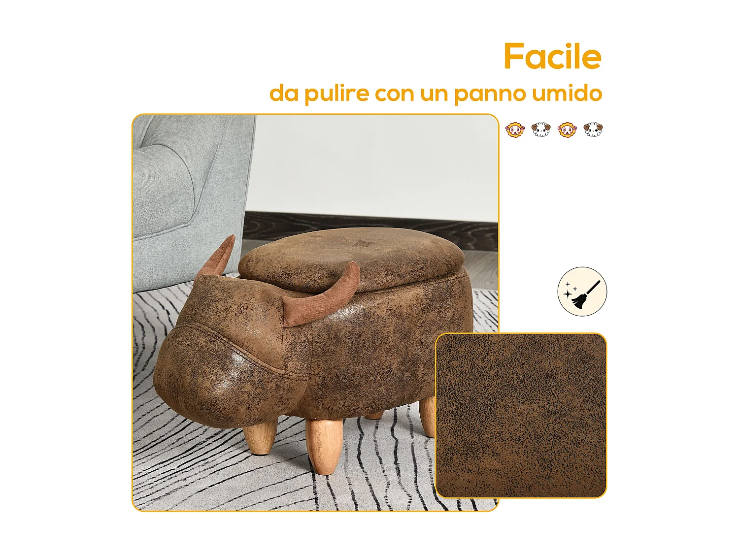 Pouf contenitore imbottito forma di bufalo 62x35x36cm marrone