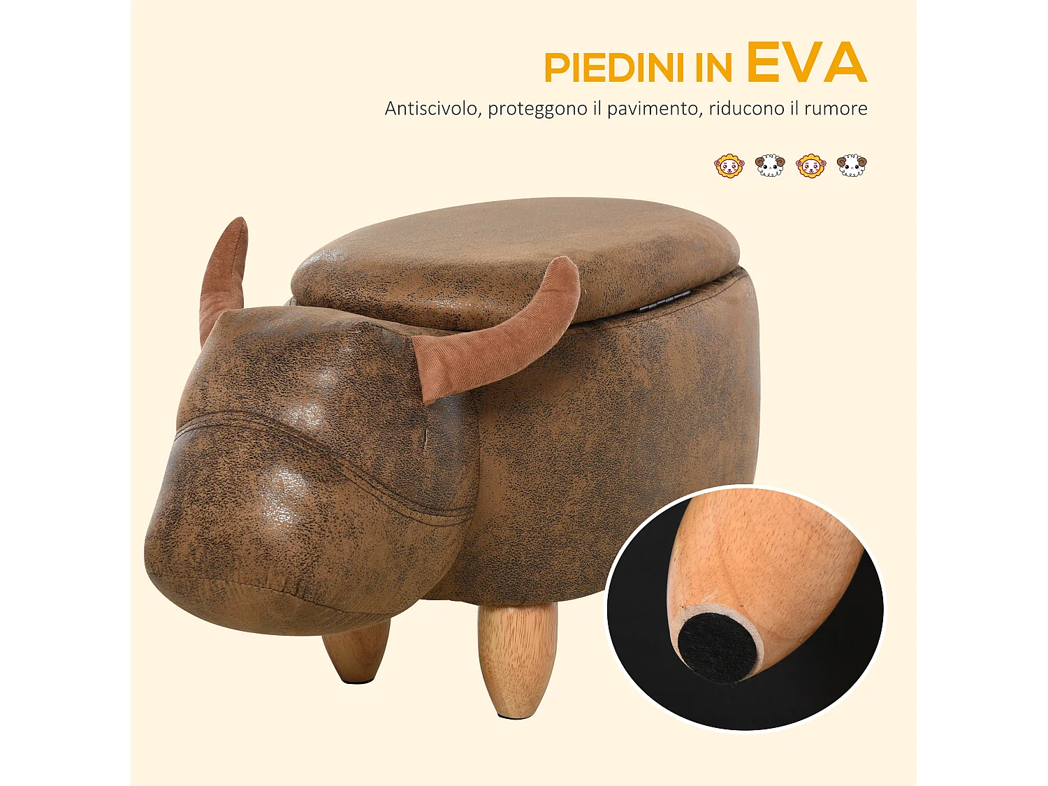 Pouf contenitore imbottito forma di bufalo 62x35x36cm marrone