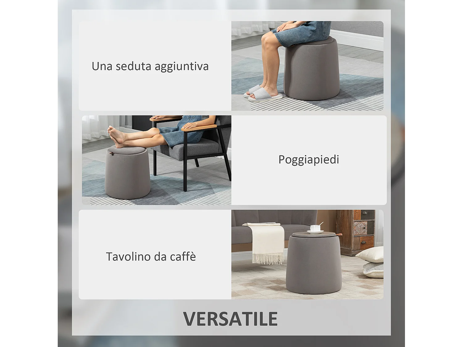 Pouf contenitore 2 in 1 convertibile in tavolino da caffè