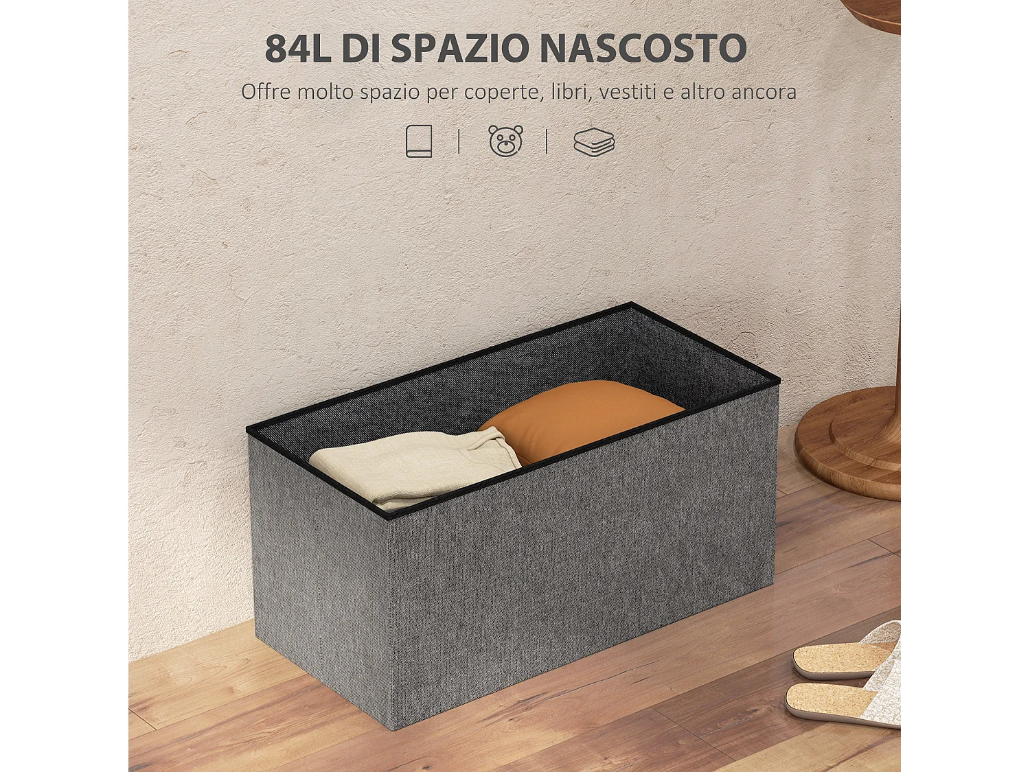 Panca contenitore pieghevole 84L in tessuto grigio scuro