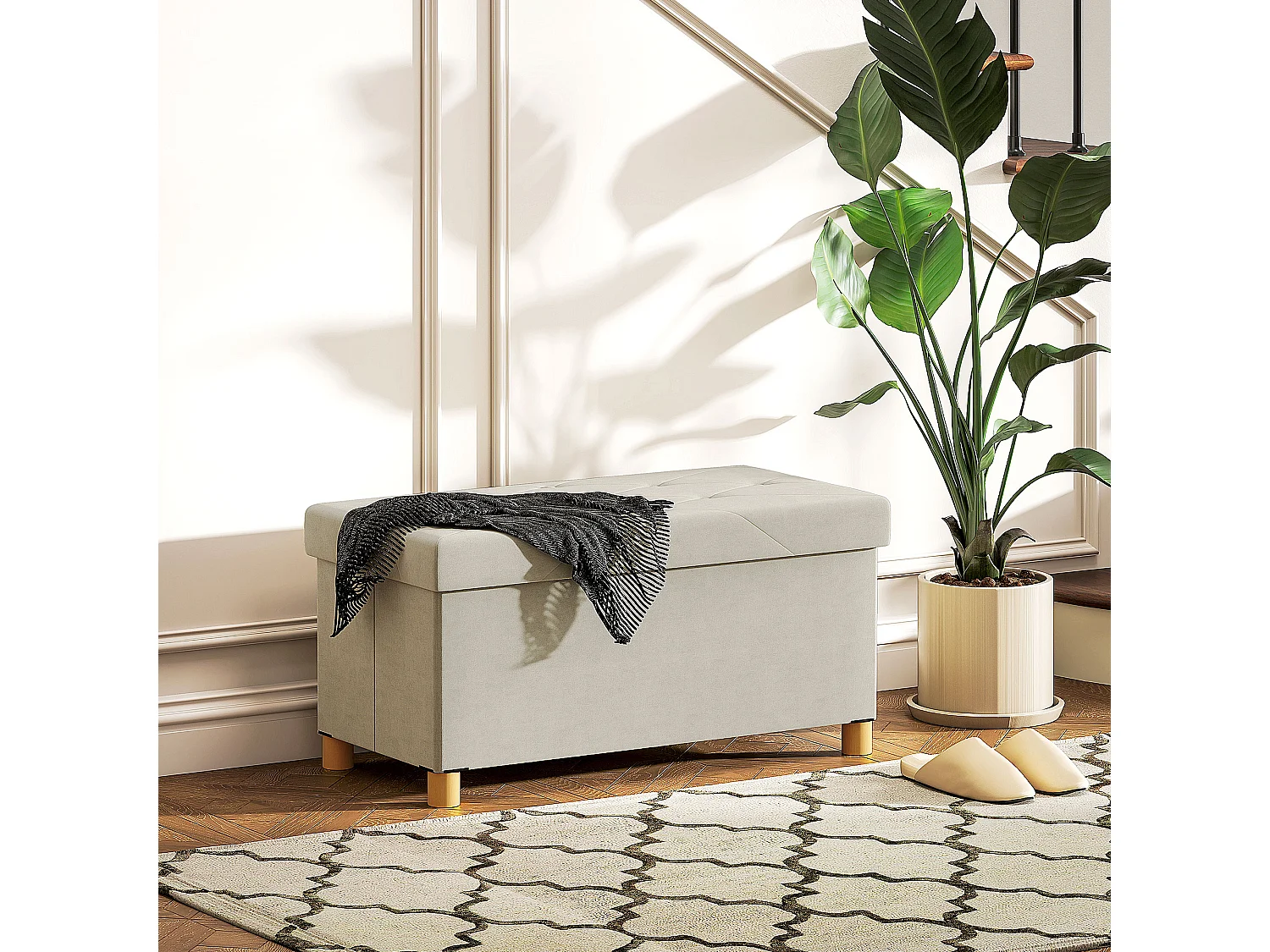 Panca contenitore pieghevole 67L in tessuto vellutato crema